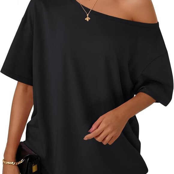 Lightweight Off-The-Shoulder Oversized T-Shirt - Perfect for Spring & Fall - Picture 1 of 5